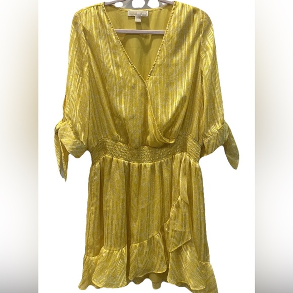 MICHAEL KORS Sunflower Lurex Tie-Sleeve Smocked Faux Wrap Dress Plus Size 1X - Picture 2 of 8